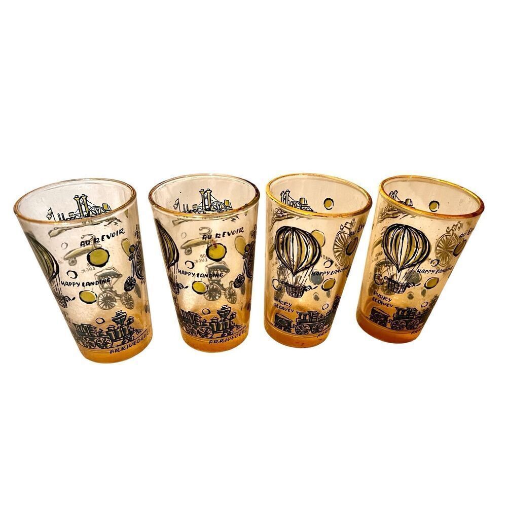 Set of 4 Georges Briard "Bon Voyage" or "Fancy Free" Vintage Cocktail Glasses